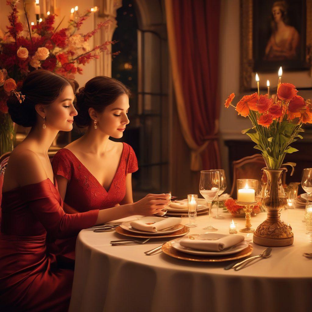 A serene candlelit dinner setting with a beautifully arranged table, featuring delicate flowers and elegant tableware. Include soft ambient light, suggesting intimacy, with a couple exchanging loving glances in the background. Elements of soft music notes floating in the air to evoke a romantic atmosphere. Deep hues of red and gold for warmth and passion. super-realistic. vibrant colors.
